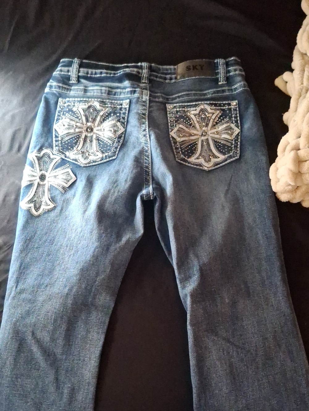 Sky Dark Blue Straight Leg Jeans with Embroidered Rhinestone Cross Pockets - Picture 1 of 3